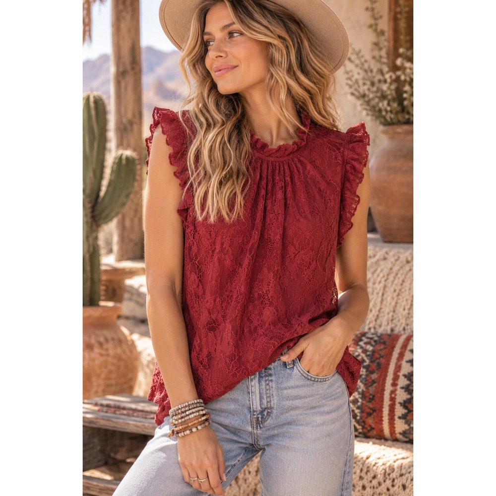 Express Womens Dark Red Floral Lace Ruffle High Neck Sleeveless Blouse Small